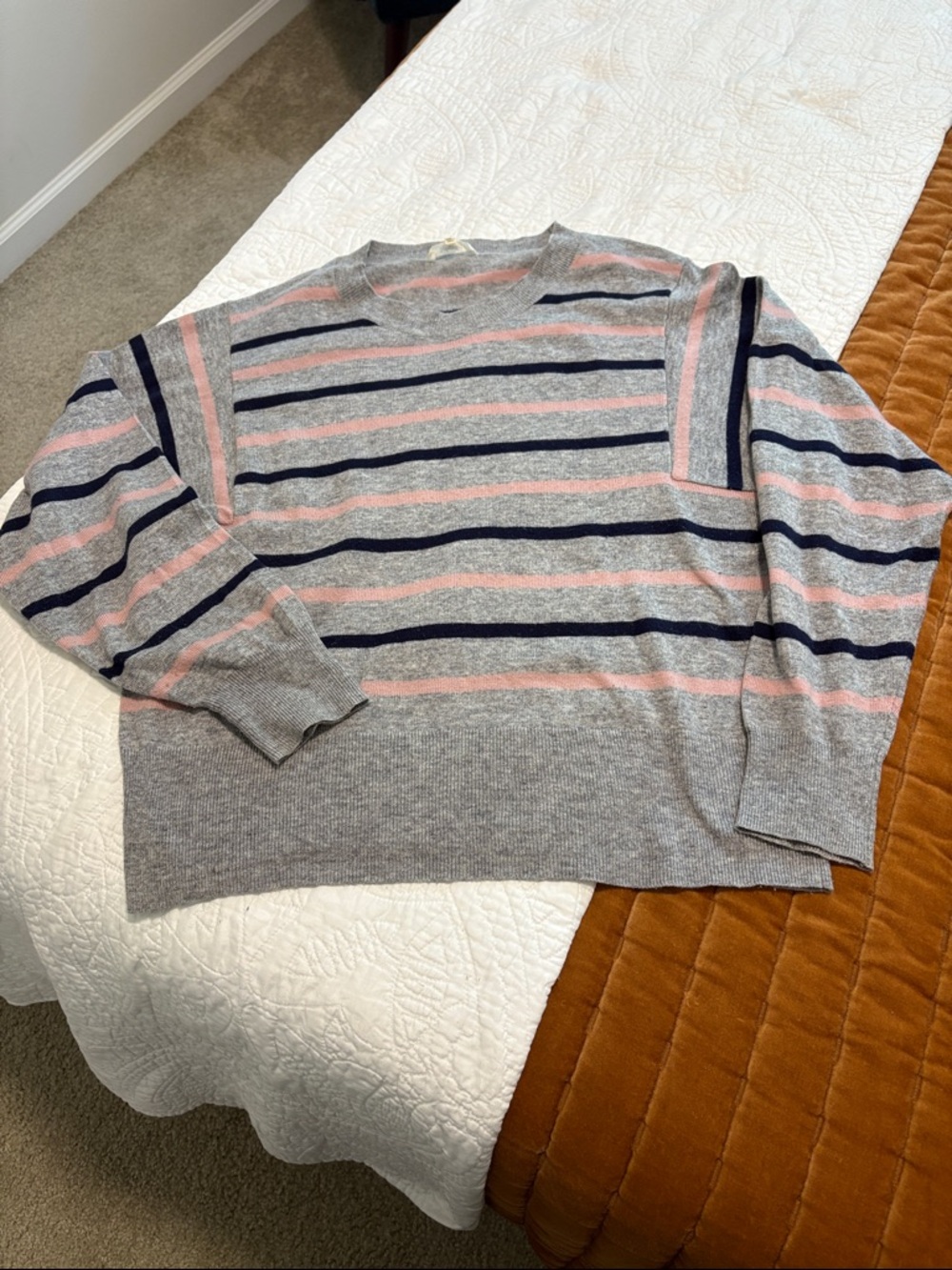 Splendid Gray Crewneck Sweater with Pink and Navy Stripes